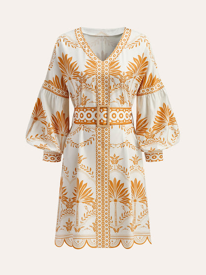 Boho Desenli V Yaka Kemerli Elbise