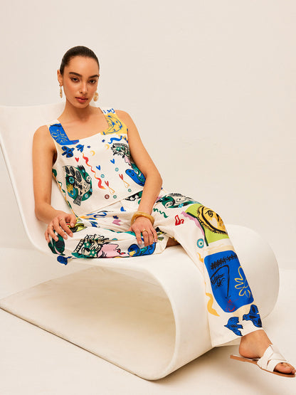 Grafik Baskılı Crop Top ve Geniş Paça Pantolon Takımı