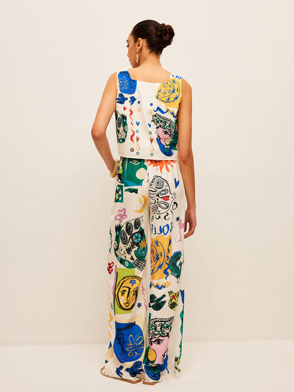 Grafik Baskılı Crop Top ve Geniş Paça Pantolon Takımı