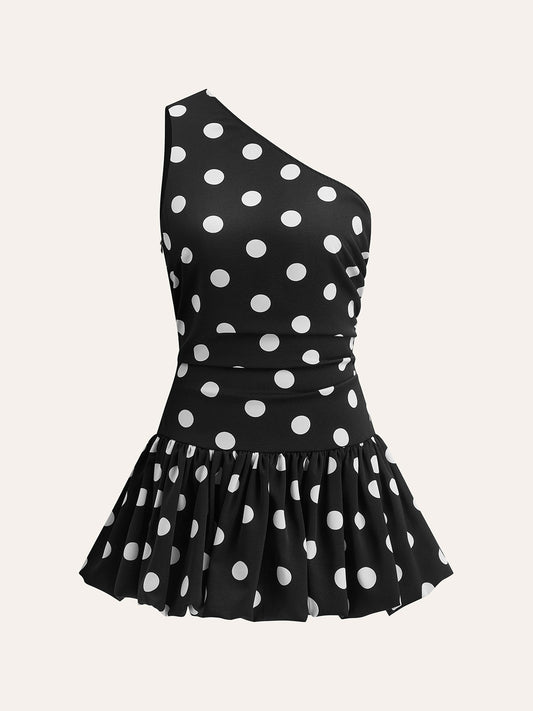 Tek Omuzlu Puantiyeli Peplum Elbise