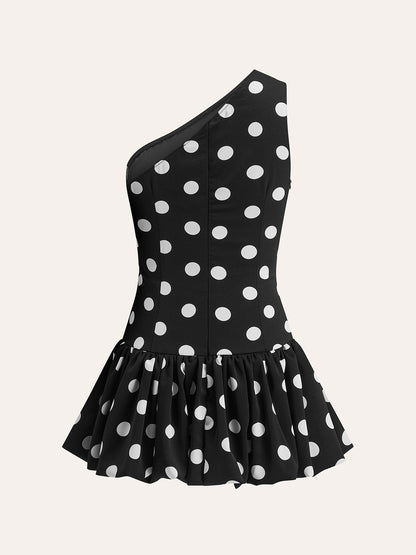 Tek Omuzlu Puantiyeli Peplum Elbise
