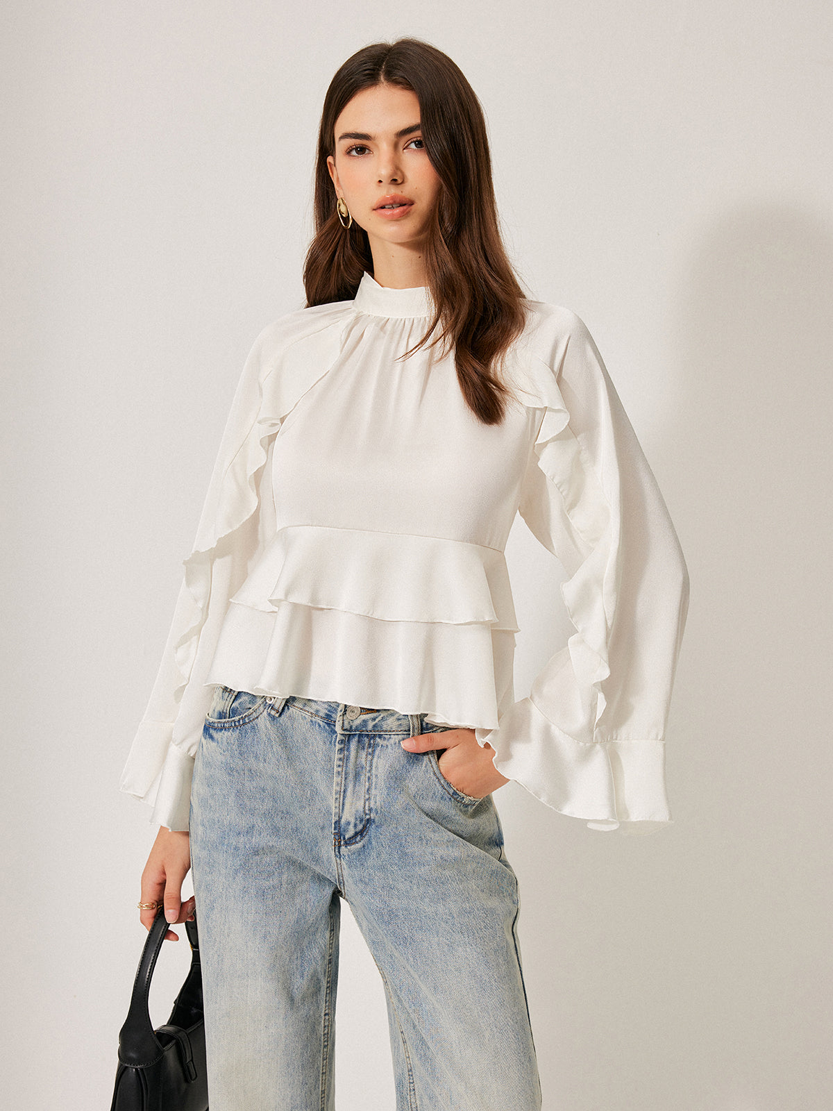 Dik Yaka Düğmeli Volanlı Peplum Bluz