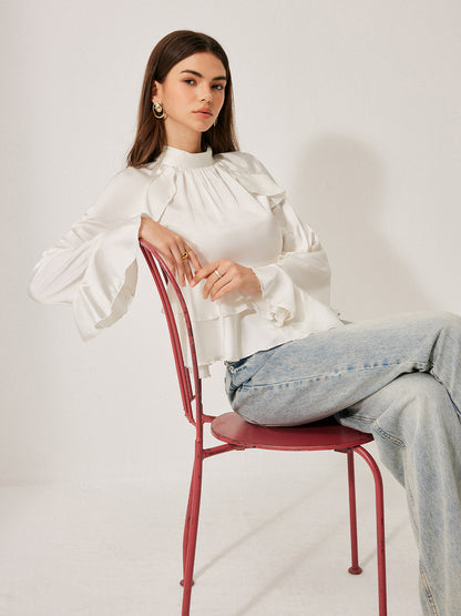 Dik Yaka Düğmeli Volanlı Peplum Bluz