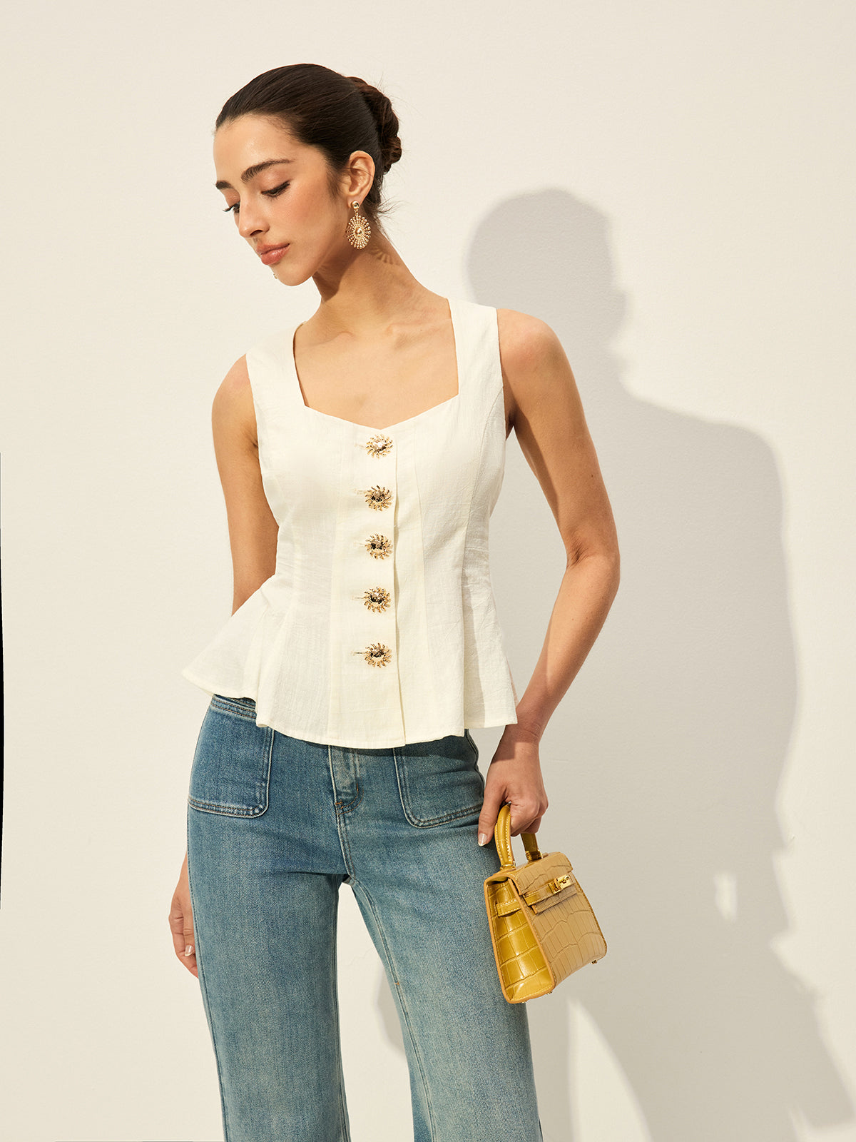 Kare Yakalı Önü Düğmeli Peplum Üst