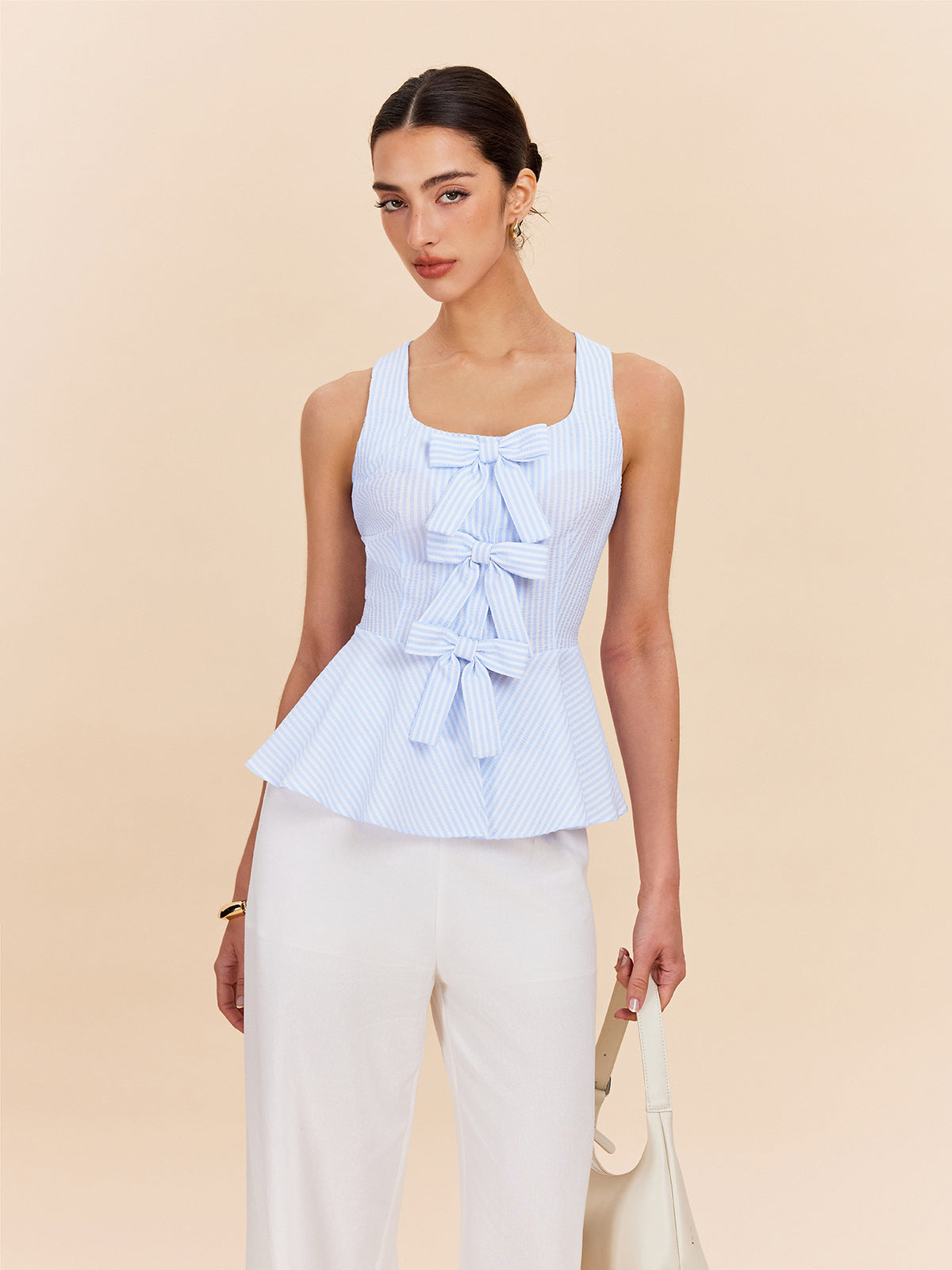 Fiyonk Detaylı Çizgili Peplum Üst