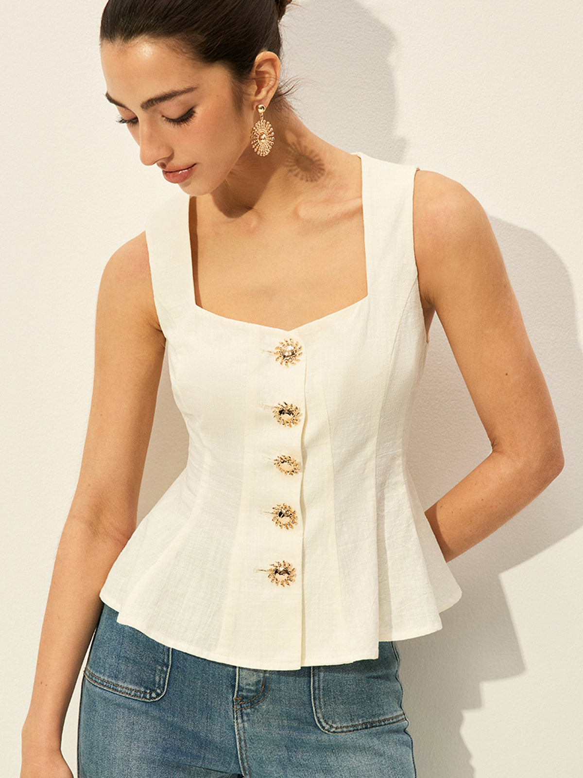 Kare Yakalı Önü Düğmeli Peplum Üst