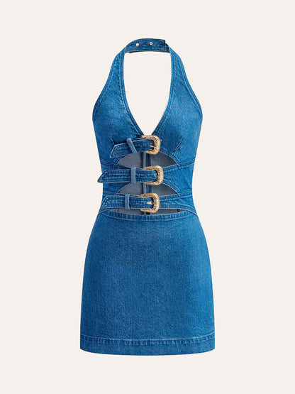 Halter Yaka Toka Detaylı Kot Elbise