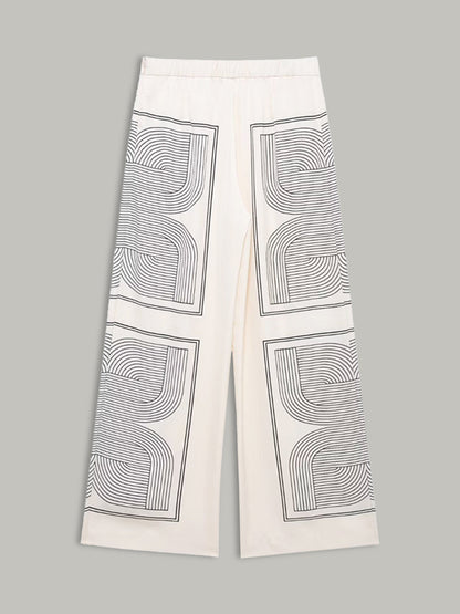 Orta Bel Geometrik Desenli Geniş Paça Pantolon