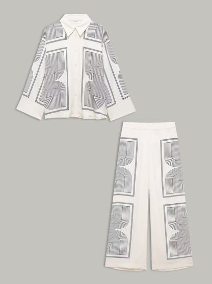 Orta Bel Geometrik Desenli Geniş Paça Pantolon