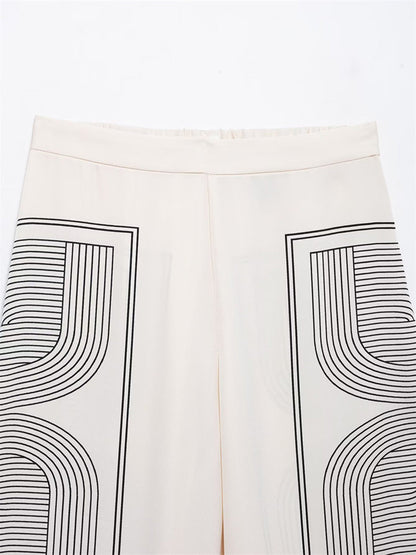Orta Bel Geometrik Desenli Geniş Paça Pantolon