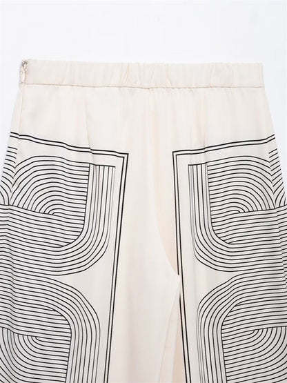 Orta Bel Geometrik Desenli Geniş Paça Pantolon