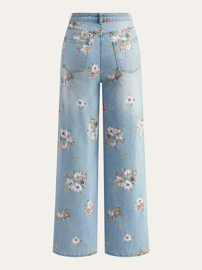 Çiçek Desenli Orta Bel Kot Pantolon