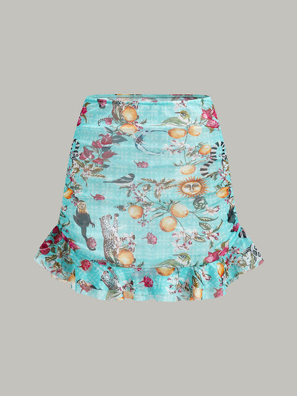 Çiçekli Desenli Bikini Takımı ve Üst Etek