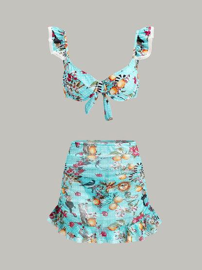 Çiçekli Desenli Bikini Takımı ve Üst Etek
