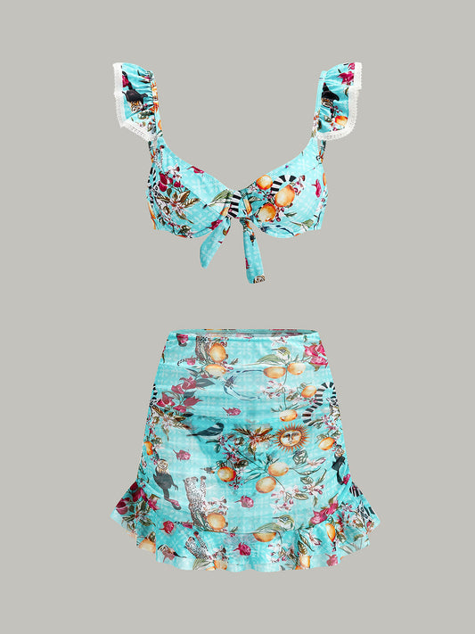 Çiçekli Desenli Bikini Takımı ve Üst Etek
