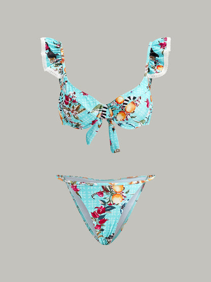 Çiçekli Desenli Bikini Takımı ve Üst Etek