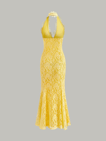 Halter Yaka Çiçekli Dantel Elbise
