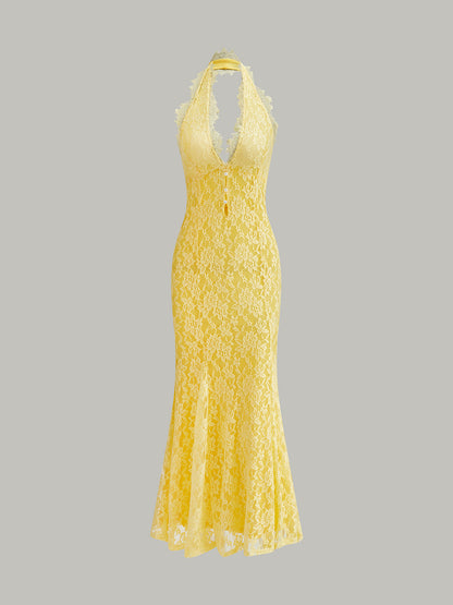 Halter Yaka Çiçekli Dantel Elbise