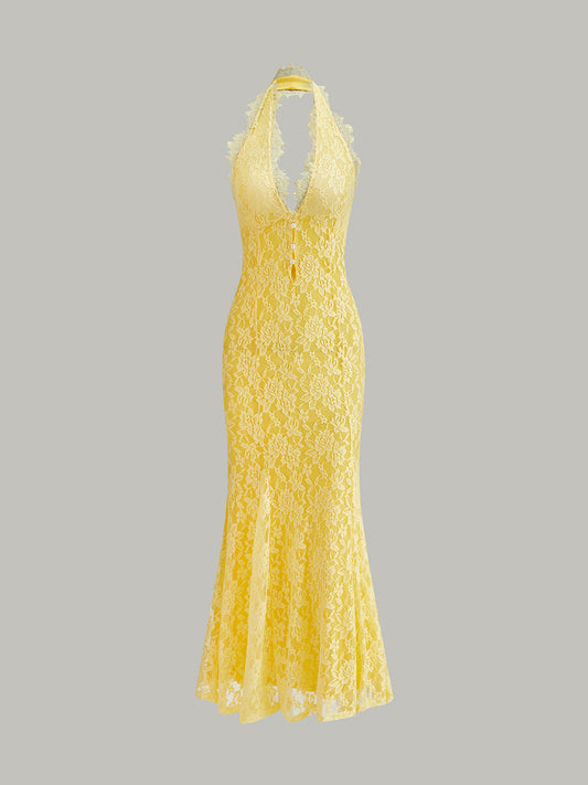 Halter Yaka Çiçekli Dantel Elbise