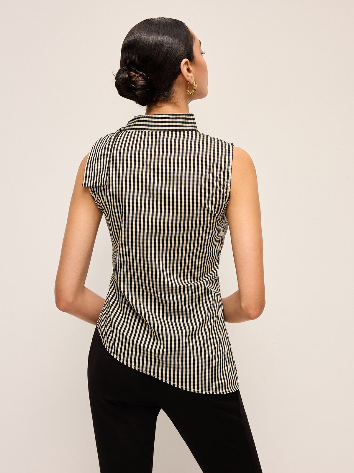 Asimetrik Yaka Gingham Düğmeli Üst