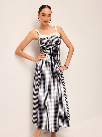 Gingham Korse Tarzı Midi Elbise