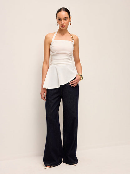 Zincir Detaylı Halter Yaka Peplum Üst