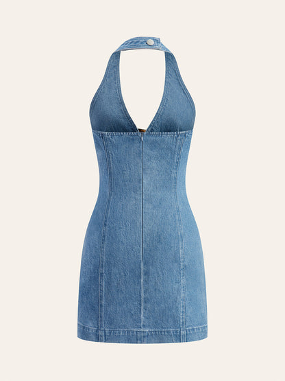 Halter Yaka Toka Detaylı Kot Elbise