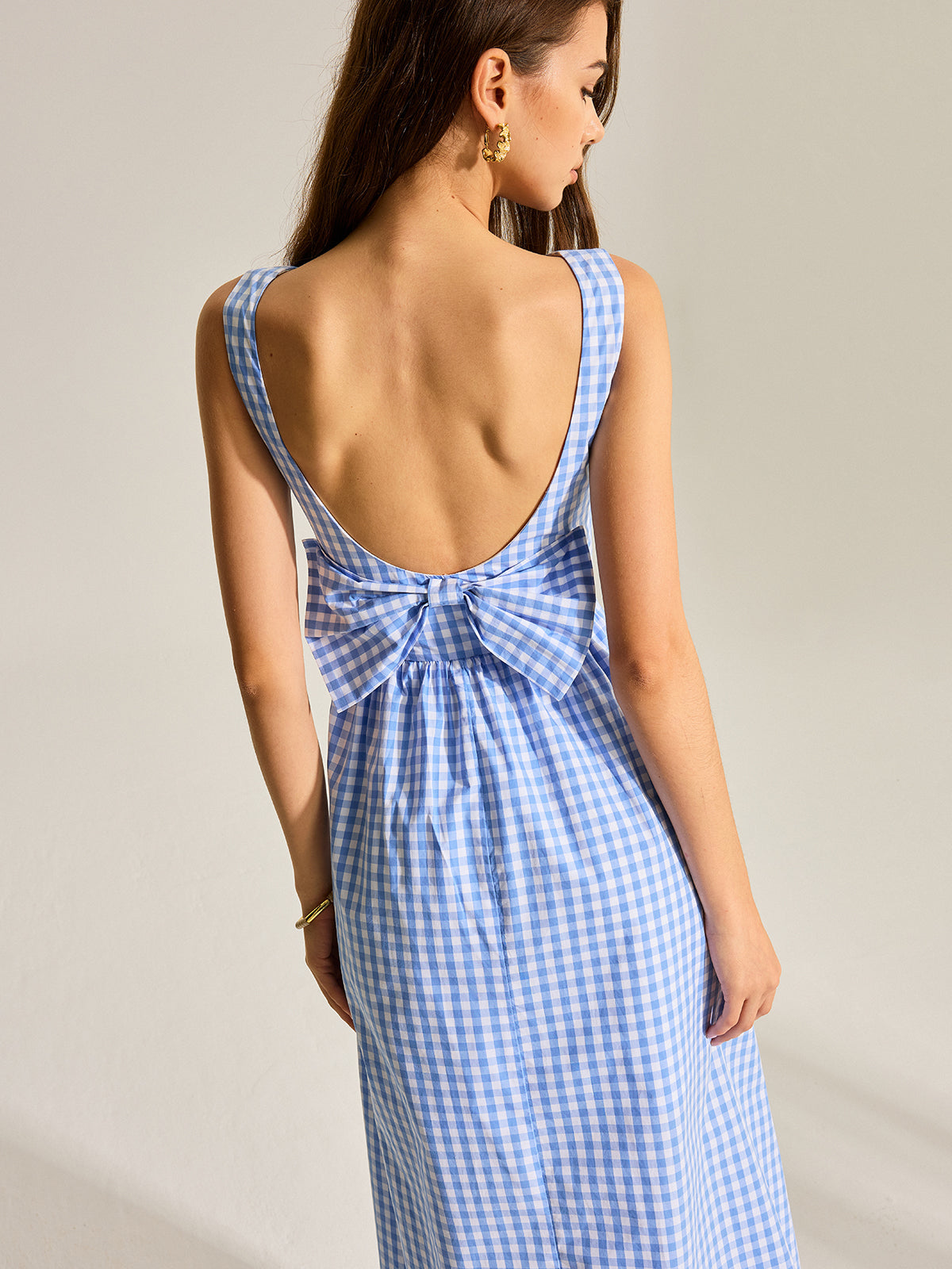 Sırtı Fiyonklu Gingham Kolsuz Elbise