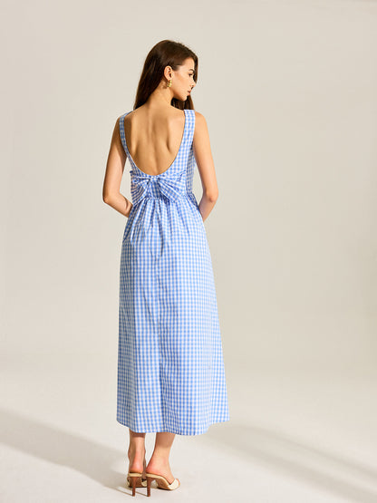 Sırtı Fiyonklu Gingham Kolsuz Elbise