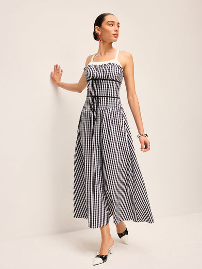 Gingham Korse Tarzı Midi Elbise