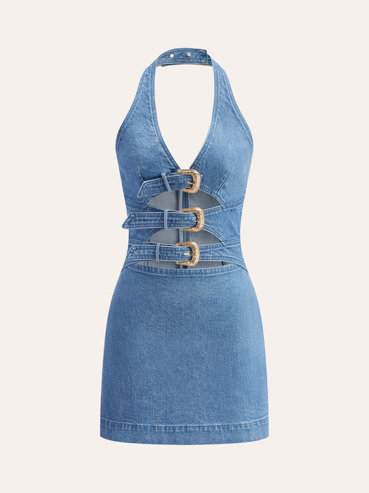 Halter Yaka Toka Detaylı Kot Elbise