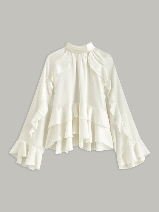 Dik Yaka Düğmeli Volanlı Peplum Bluz