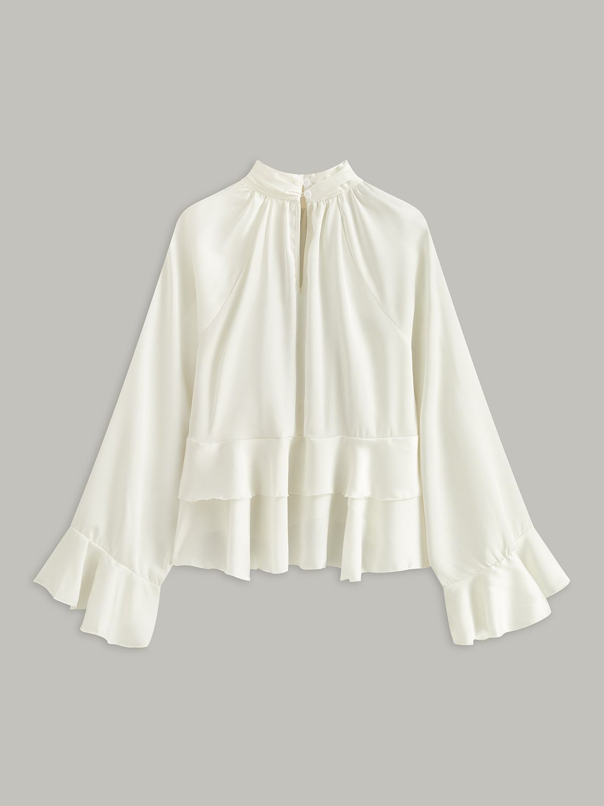 Dik Yaka Düğmeli Volanlı Peplum Bluz