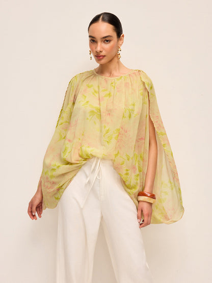 Yarı Şeffaf Şifon Çiçek Desenli Drape Kollu Bluz