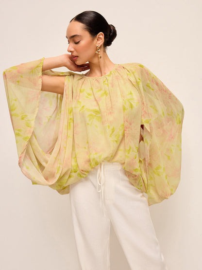 Yarı Şeffaf Şifon Çiçek Desenli Drape Kollu Bluz