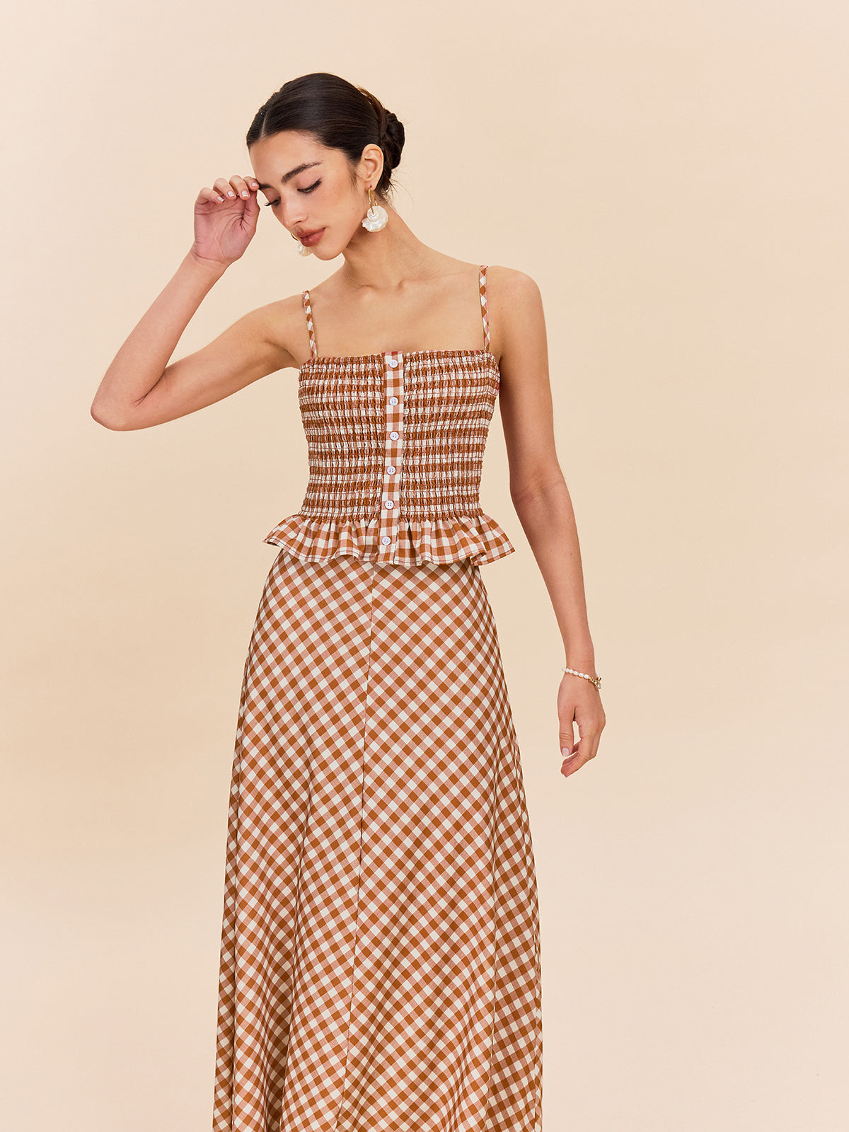 Gingham Smokinli Peplum Atlet Üst
