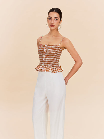 Gingham Smokinli Peplum Atlet Üst