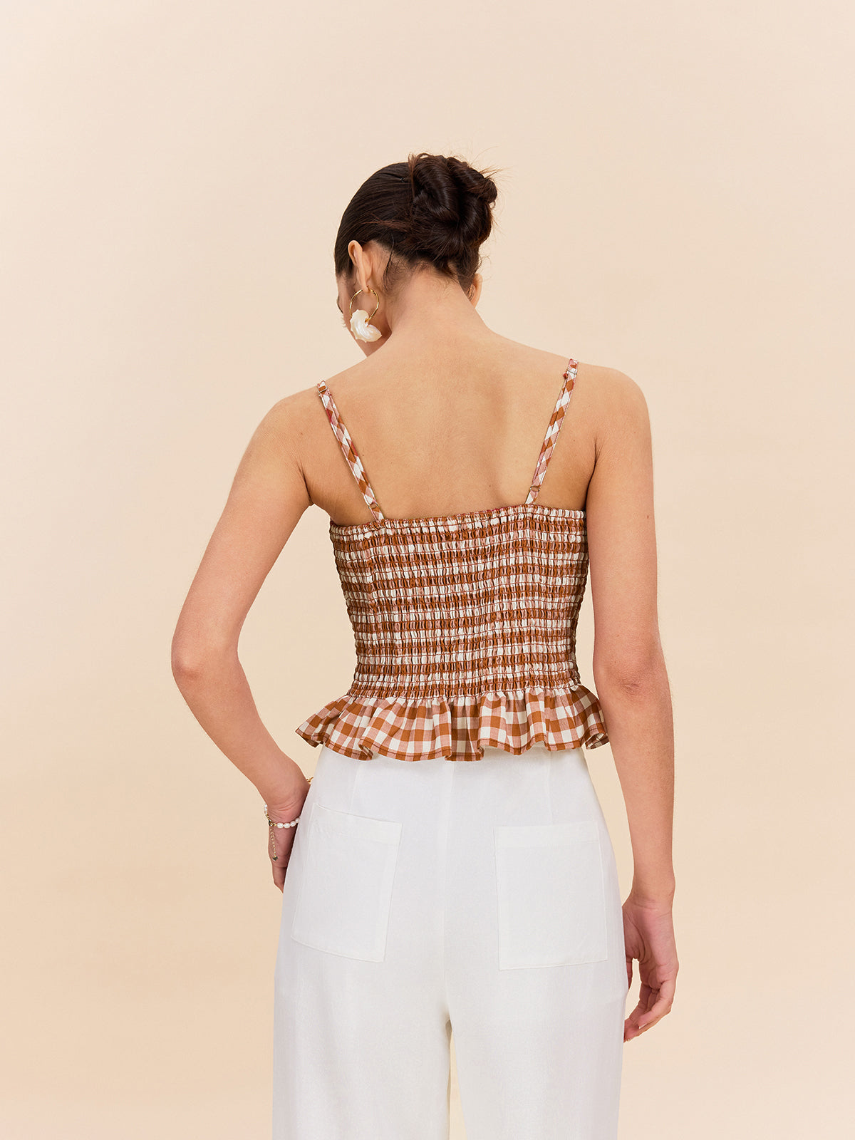 Gingham Smokinli Peplum Atlet Üst