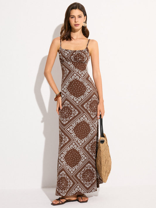 Paisley Desenli İnce Askılı Uzun Elbise