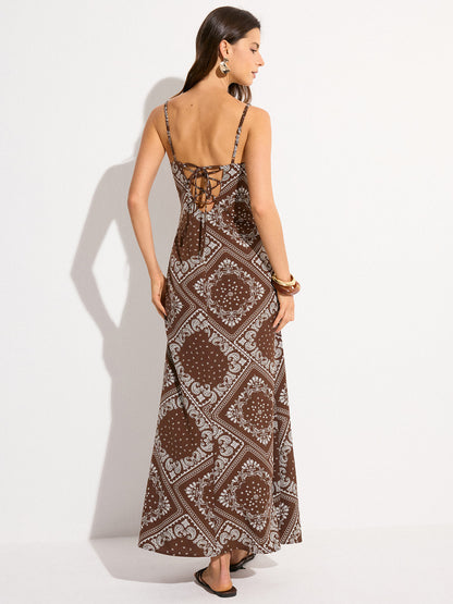 Paisley Desenli İnce Askılı Uzun Elbise