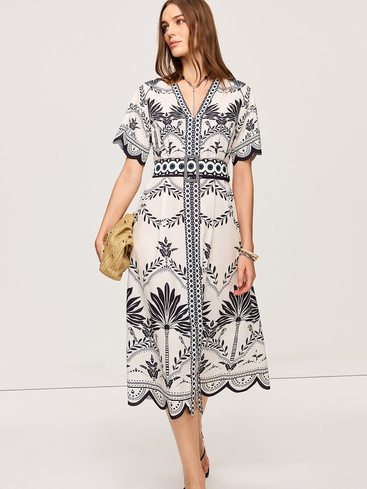 Boho Çiçekli V Yaka Midi Elbise