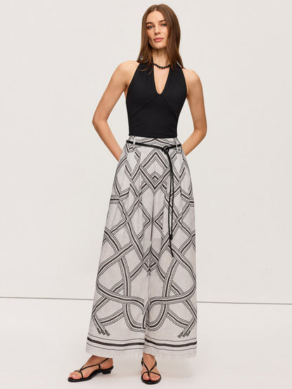 Geometrik Desenli Kemerli Geniş Paça Pantolon