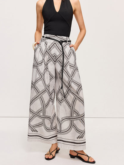Geometrik Desenli Kemerli Geniş Paça Pantolon