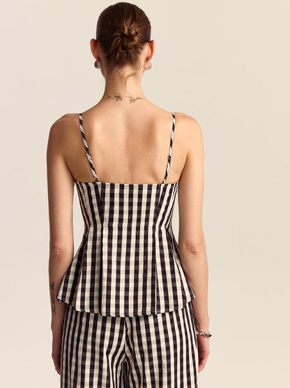 Dantel Kenarlı Gingham Spagetti Askılı Peplum Üst
