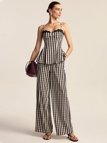 Dantel Kenarlı Gingham Spagetti Askılı Peplum Üst