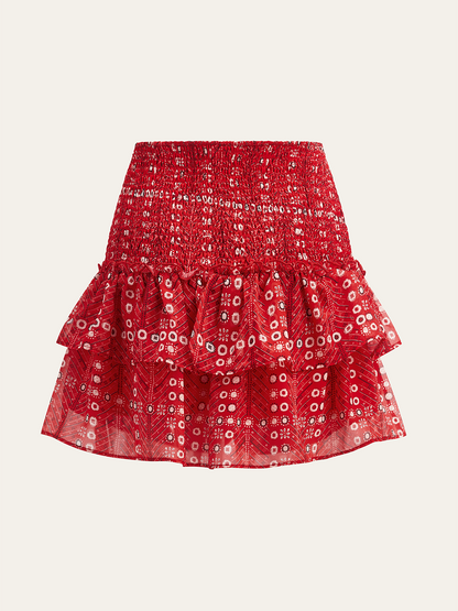 Boho Baskılı Katlı Mini Etek