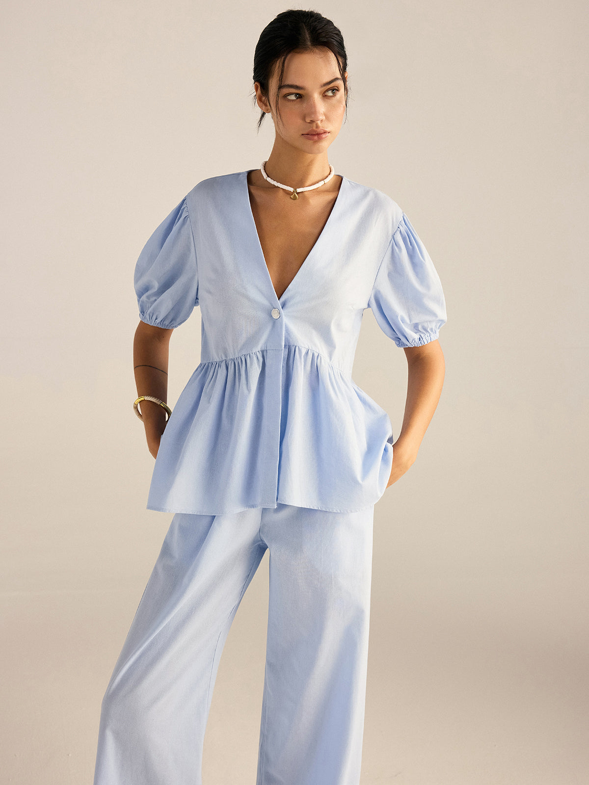 Pamuklu Peplum Üst ve Pantolon Takımı