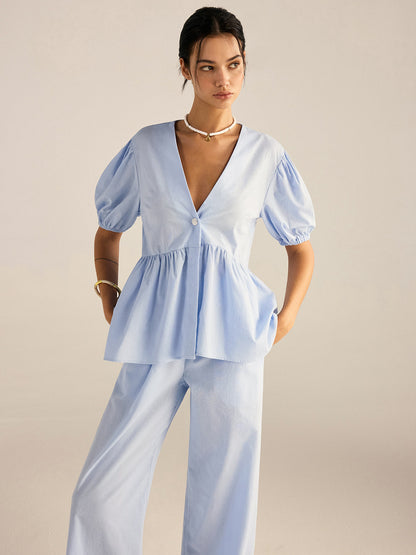 Pamuklu Peplum Üst ve Pantolon Takımı