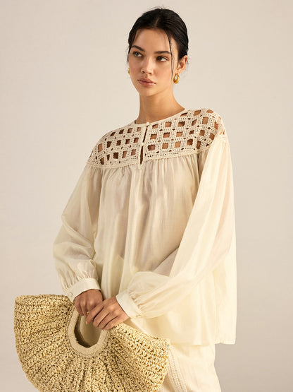 Yarı Şeffaf Tığ İşi Tencel Bluz