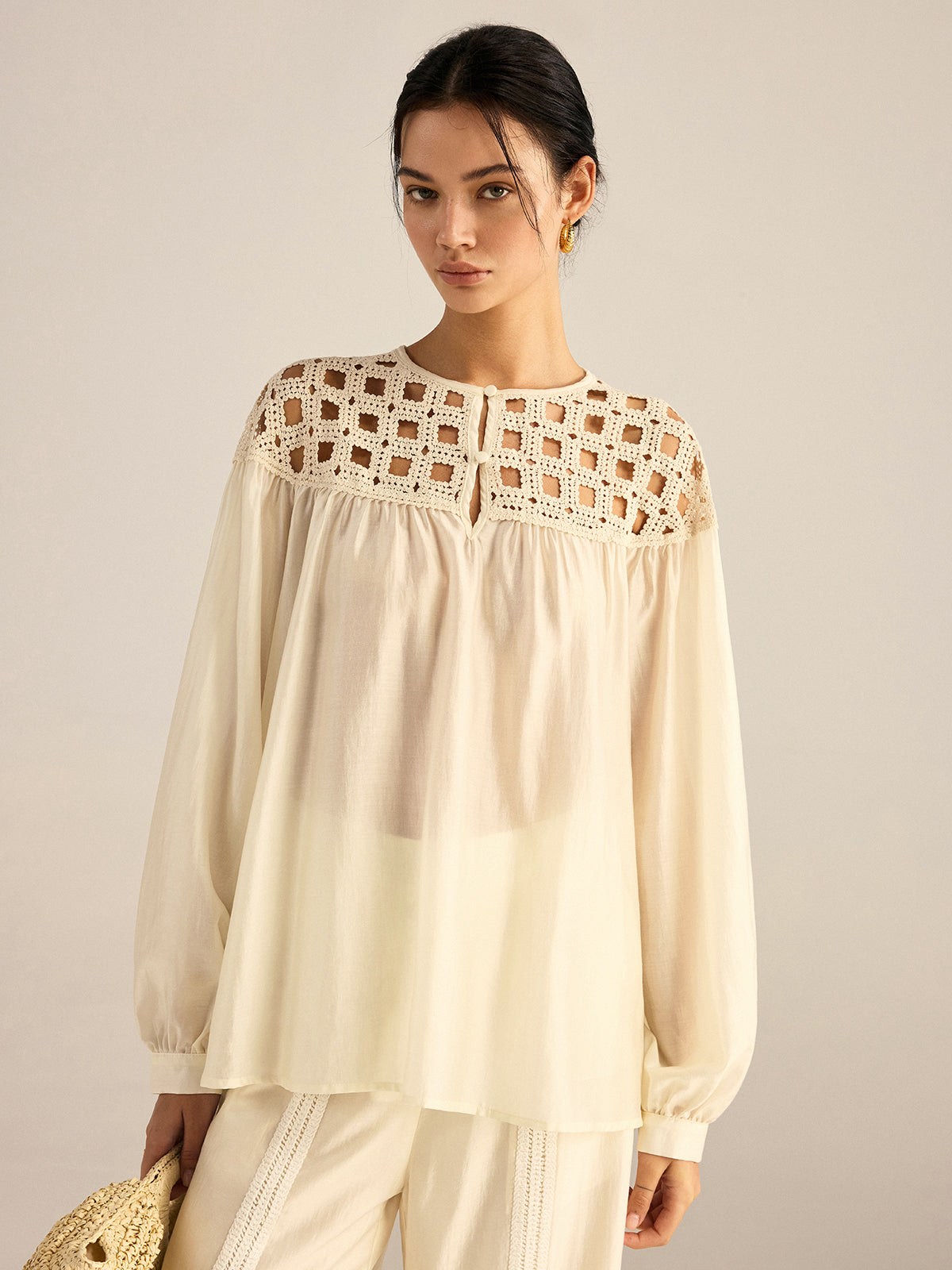 Yarı Şeffaf Tığ İşi Tencel Bluz